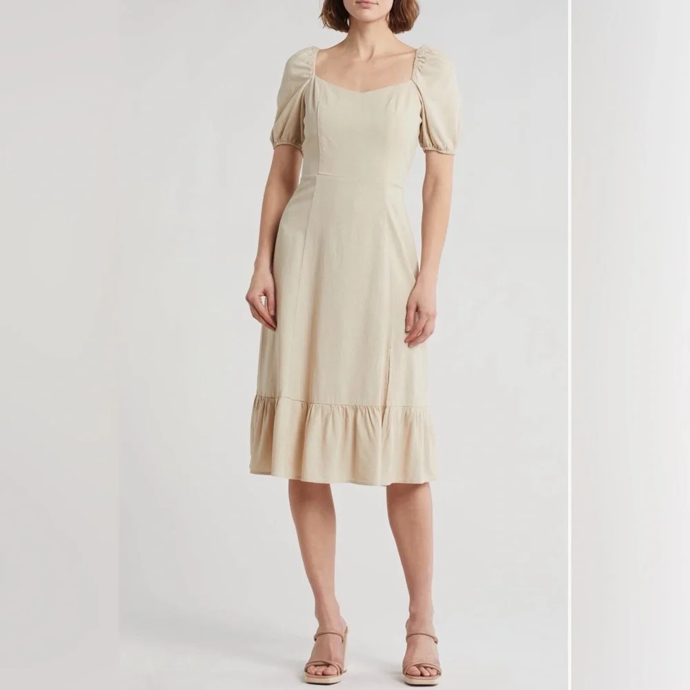 Ellen Tracy Cream Puff‎ Sleeve Linen Blend Peasant Midi Dress